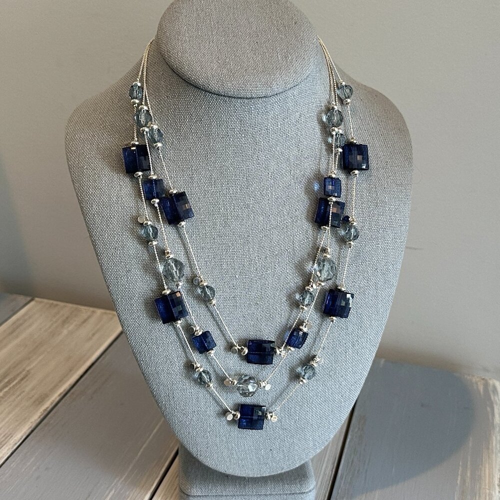 Fabulous Beaded Multi Layer Silver Tone Chain Necklace w Blue Beads